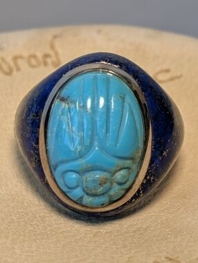 Heavy Vintage Egyptian Revival Lapis & Turquoise Scarab Ring